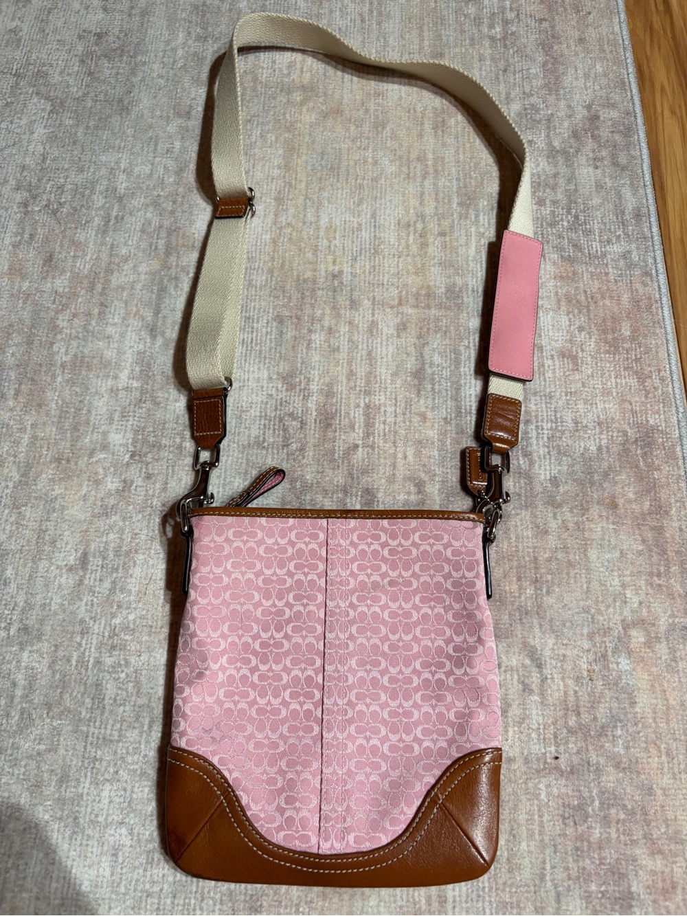 Coach K0682-F01584 Pink Signature Crossbody with Brown Leather Trim